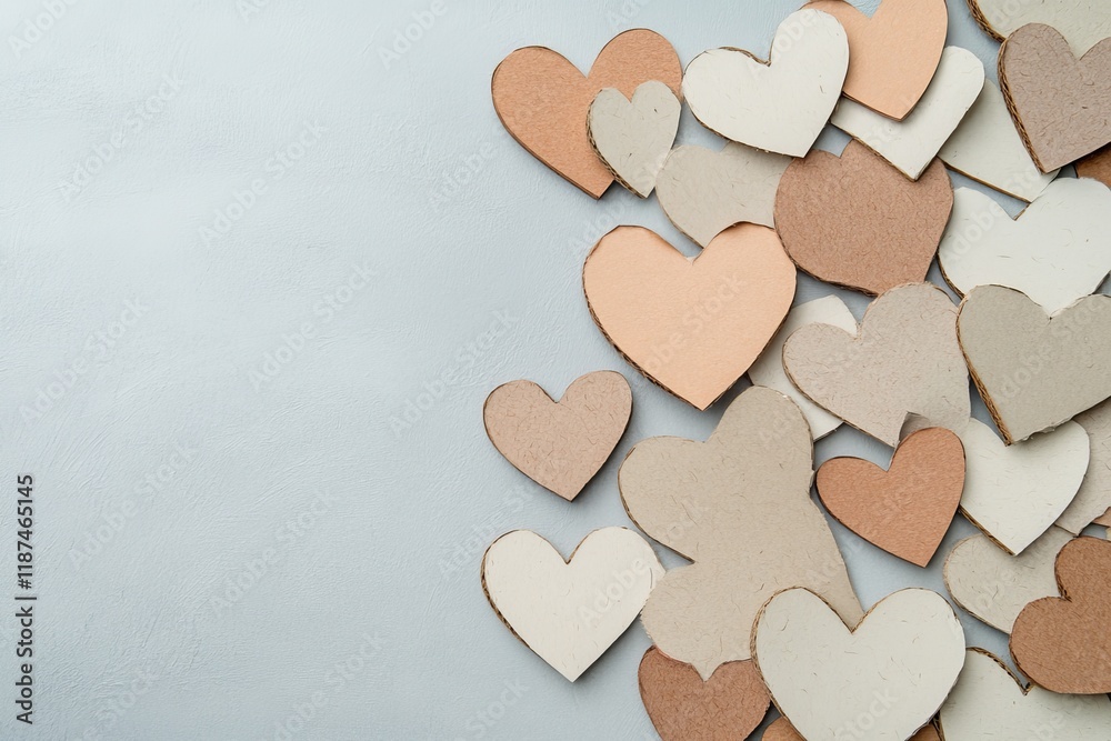 Composition for Valentine's Day February 14th. Delicate grey background and natural color of cardboard hearts cut out of paper. Composition for Valentine's Day February 14th. Delicate grey background and natural color of cardboard hearts cut out of paper.