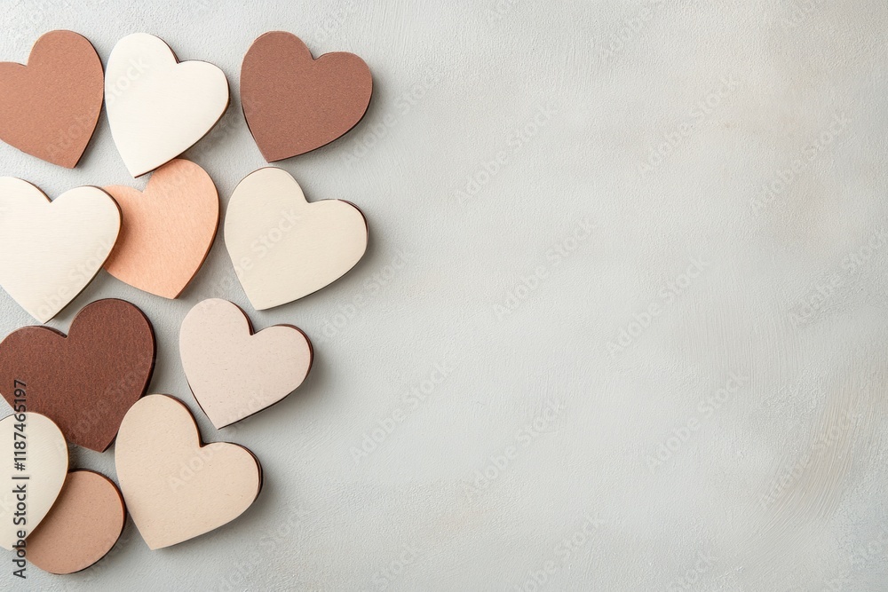 Fototapeta premium Composition for Valentine's Day February 14th. Delicate grey background and natural color of cardboard hearts cut out of paper. 