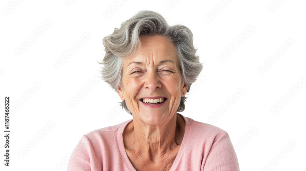 Portrait of an Elderly Caucasian Woman with Short, Wavy Grey Hair Wearing a Soft Pink Cardigan Portrait of an Elderly Caucasian Woman with Short, Wavy Grey Hair Wearing a Soft Pink Cardigan