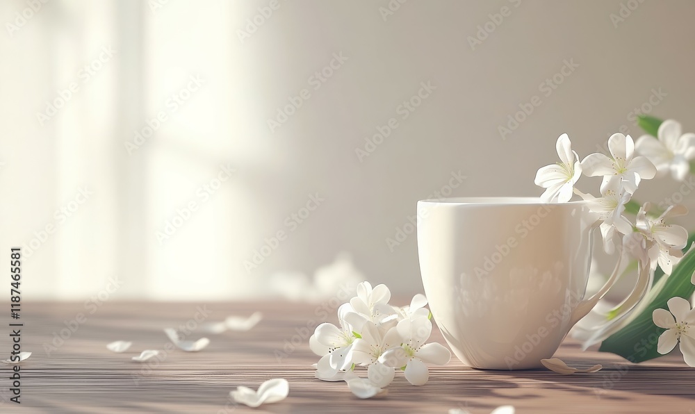Coffee Cup and White Flowers on a Wooden Tabletop Coffee Cup and White Flowers on a Wooden Tabletop