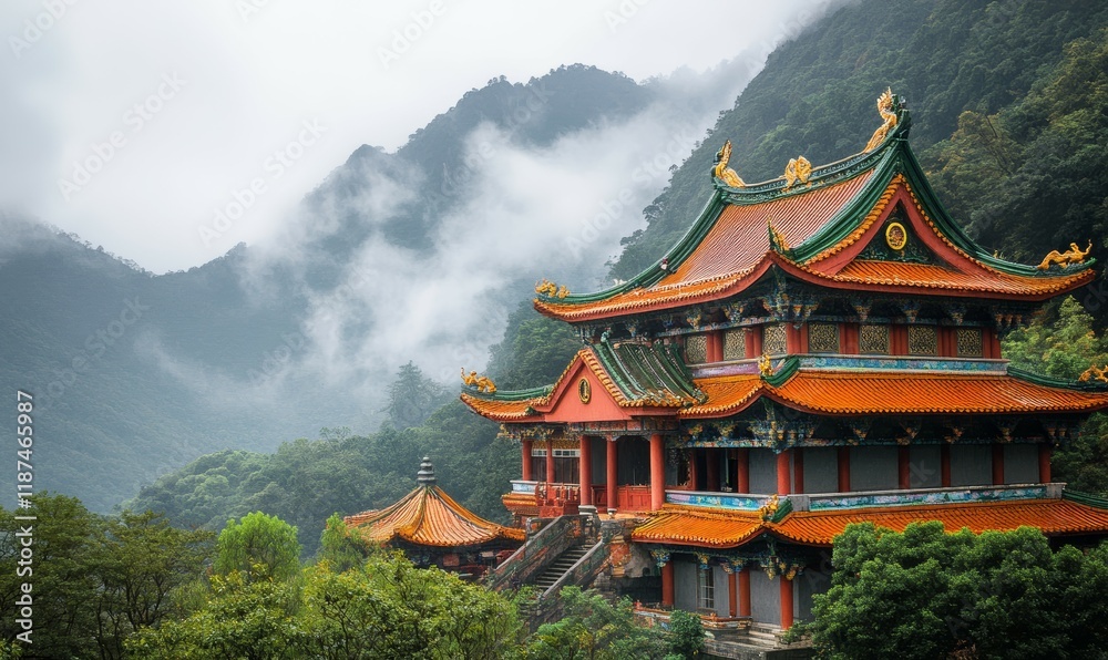 Fototapeta premium Asian Temple Architecture in Misty Mountain Setting