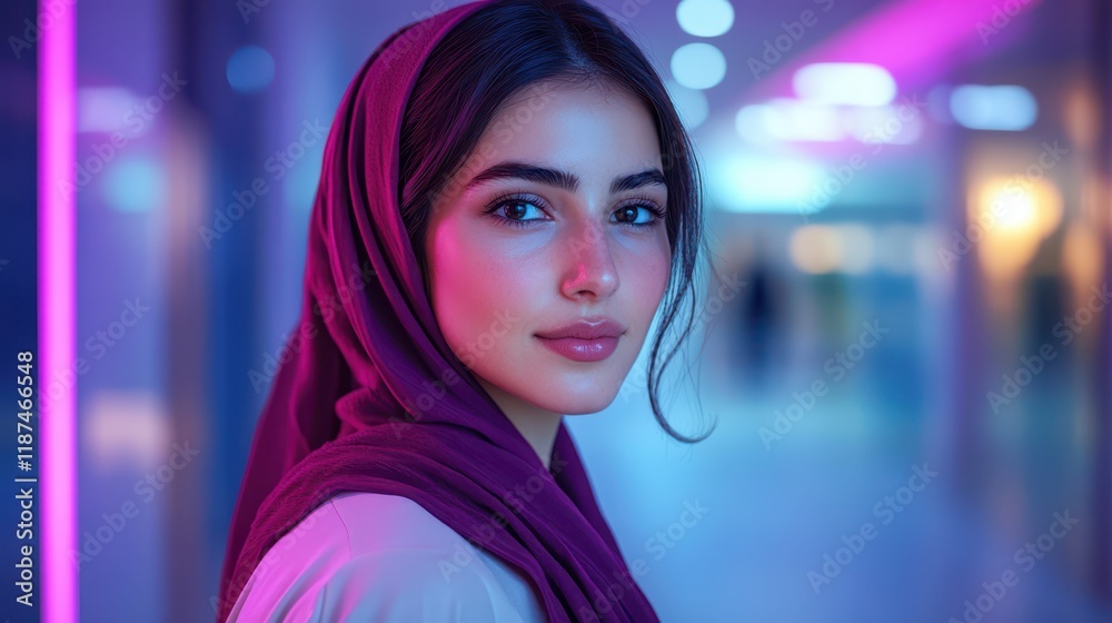 Elegant Portrait with Soft Pink Purple Lighting and Confident Expression