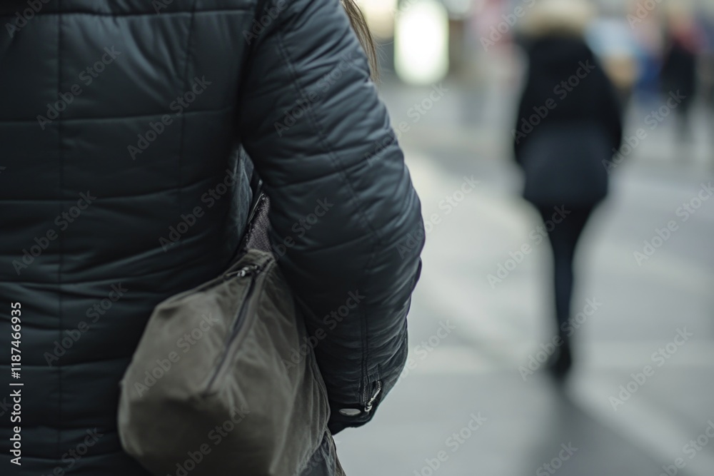 Fototapeta premium A woman walks down the street carrying a purse