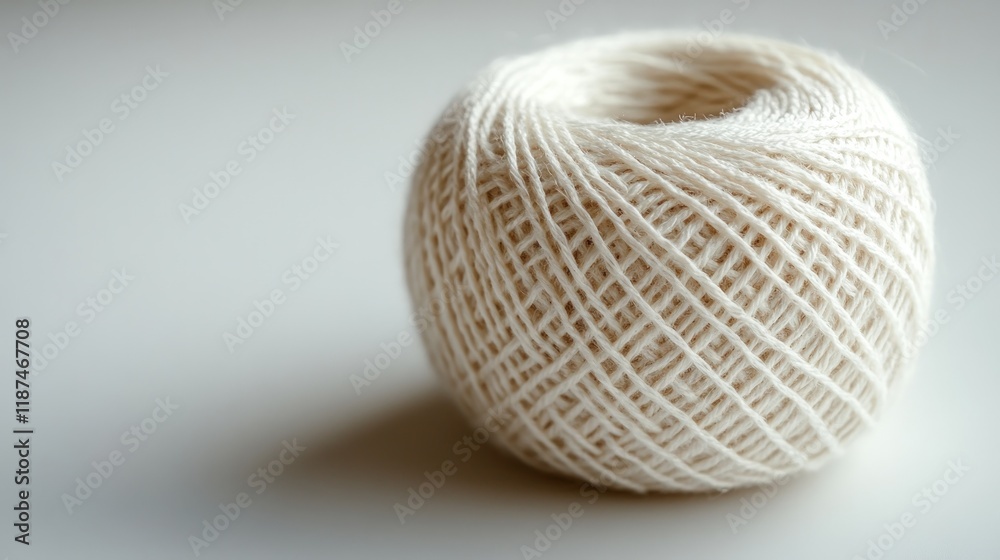 Close-up of a ball of off-white yarn on a white background. Close-up of a ball of off-white yarn on a white background.