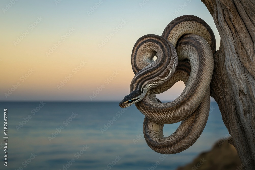 Obraz premium A serene image of an African python coiled around a tree branch