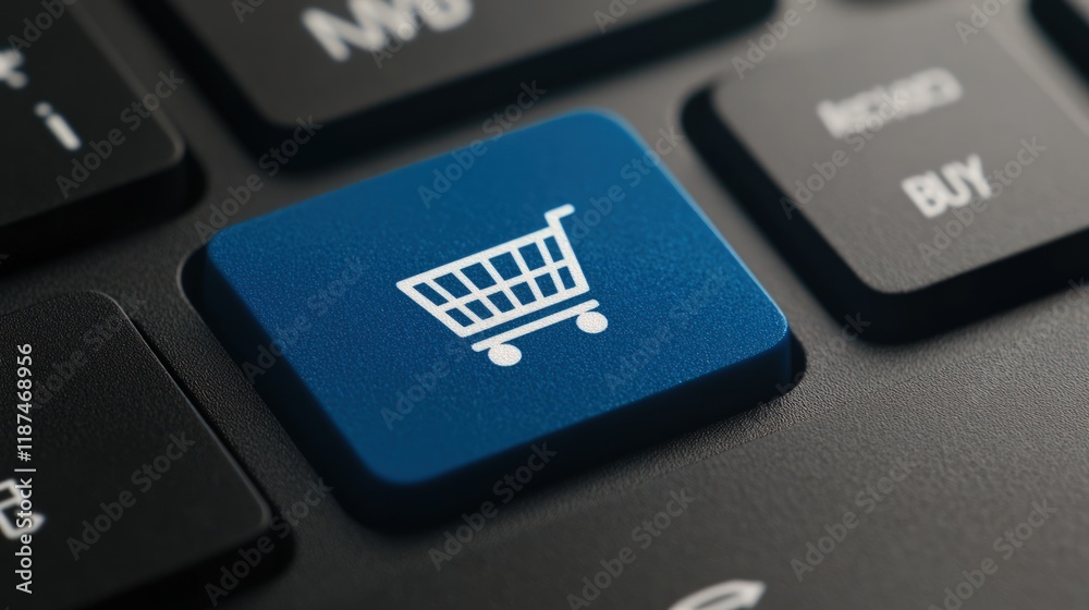 Close-up of a blue shopping cart button on a keyboard. Close-up of a blue shopping cart button on a keyboard.