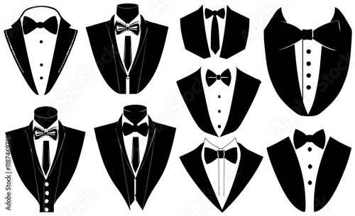Wedding tuxedo bow tie suit. tuxedo necktie. jacket bow. waiter suits black vector illustration on white background V2.