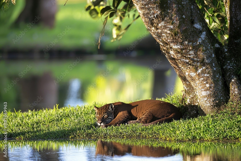 Obraz premium A serene scene of a jaguarundi resting in the shade of a tree in the Brazilian Pantanal.