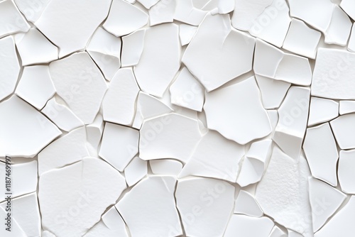 White cracked eggshell pieces in close-up forming irregular patterns. abstract texture design