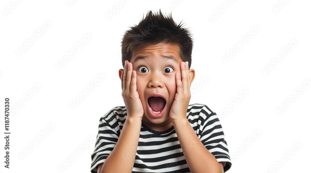 Surprised Young Southeast Asian Boy with Short, Spiky Hair, Wearing a Striped T-shirt Surprised Young Southeast Asian Boy with Short, Spiky Hair, Wearing a Striped T-shirt
