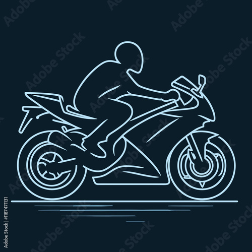 Motorcyclist on a rushing bike, minimalist blue line drawing