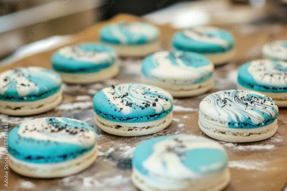 Delicious Blue and White Macarons Arranged on a Tray Delicious Blue and White Macarons Arranged on a Tray