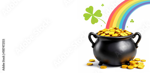 Cast iron pot with gold coins, clover and rainbow  on white background for St. Pater's Day