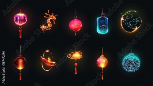 Modern Chinese Calendar Icons Set with Glowing Elements
