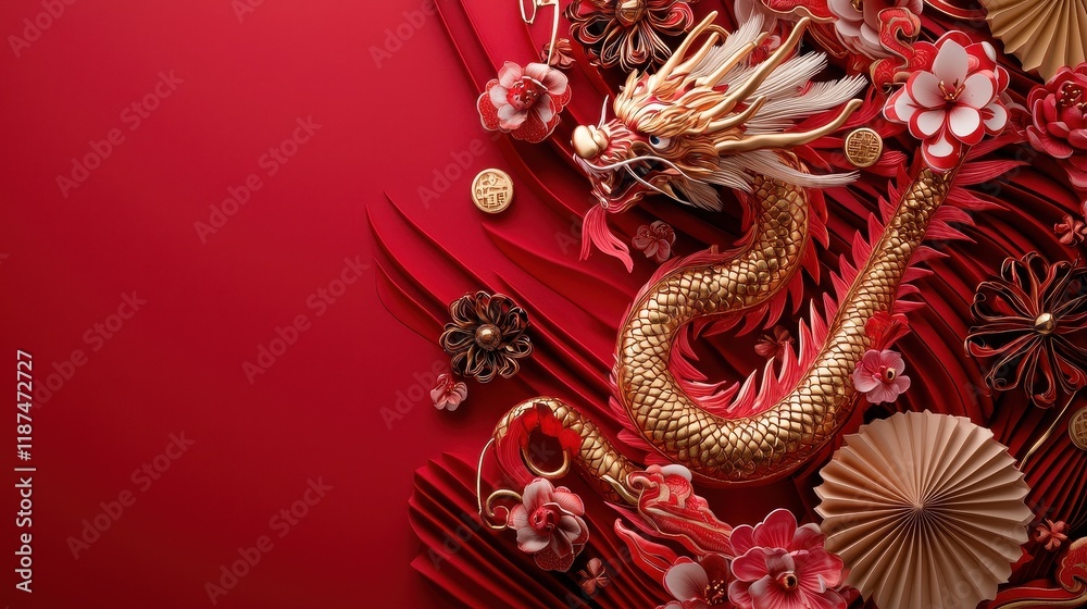 Obraz premium Detailed Golden Dragon on Red Wallpaper with Floral Elements