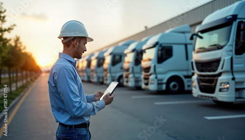 Logistics manager checks fleet vehicles location using GPS app. Manager stands on road in front of many parked trucks. Monitors trucks real-time locations for effective supply chain management. Image
