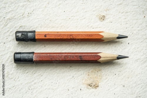 Two well used wooden pencils rest on a textured surface photo