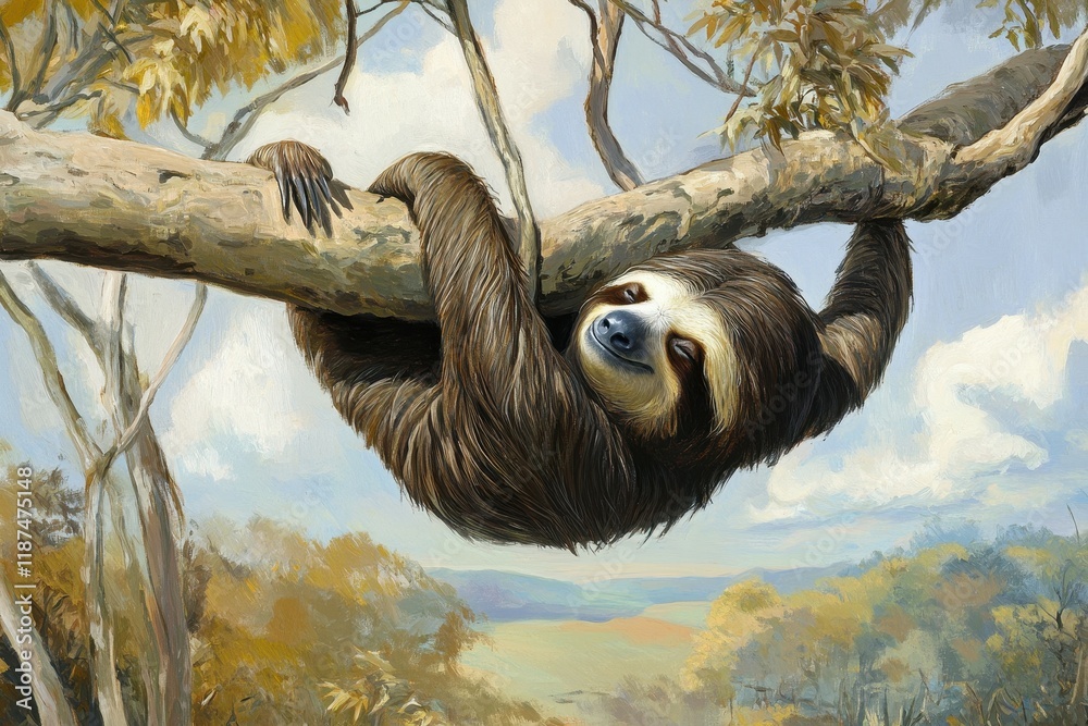 A serene scene of a sloth hanging upside down from a tree branch, peacefully napping. A serene scene of a sloth hanging upside down from a tree branch, peacefully napping.