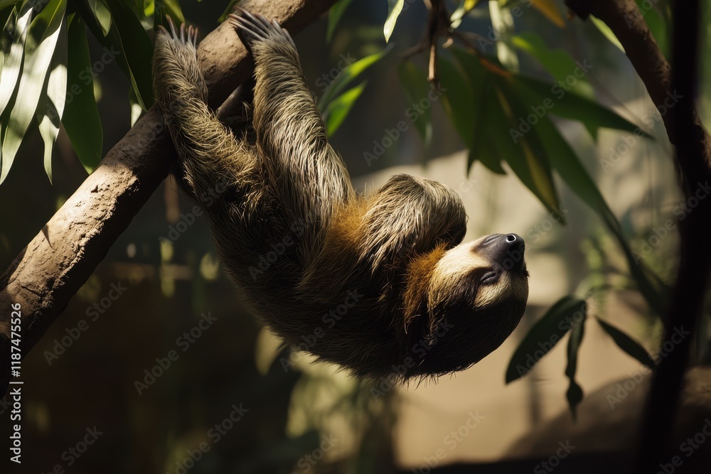 Fototapeta premium A serene scene of a sloth hanging upside down from a tree branch, peacefully napping.