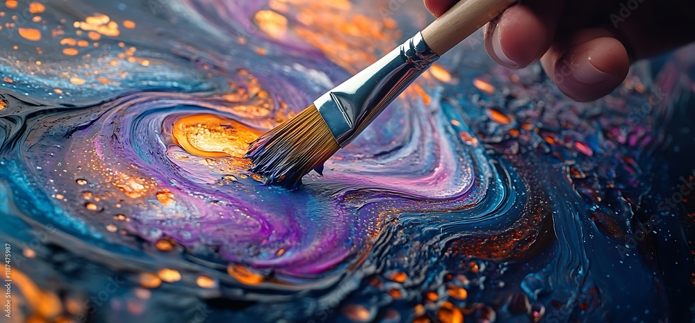 Close-up of artist's hand painting vibrant, swirling abstract artwork with a brush. Close-up of artist's hand painting vibrant, swirling abstract artwork with a brush.