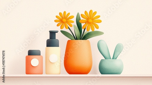 Colorful Decorative Shelf with Flowers and Skin Care Products in a Minimalist Style photo