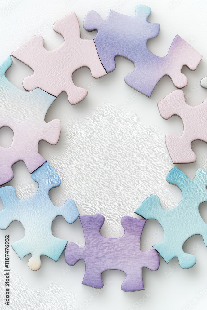 Obraz premium The paper multicolored puzzle pieces are assembled into a circle. Creative wallpaper, teamwork concept, unification
