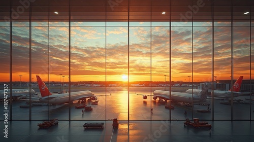 Sunset view from airport terminal showcasing planes and vibrant sky during evening hours