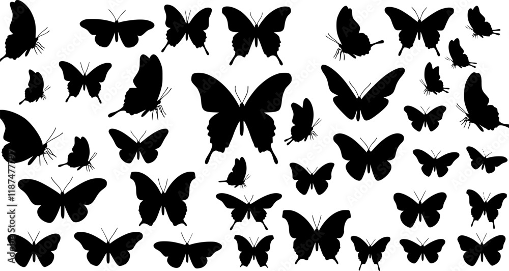 Obraz premium Set of butterflies, ink silhouettes. Glowworms, fireflies and butterflies icons isolated on white background. Hand drawn elements, Vector illustration. 