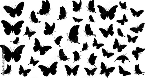 Set of butterflies, ink silhouettes. Glowworms, fireflies and butterflies icons isolated on white background. Hand drawn elements, Vector illustration. 