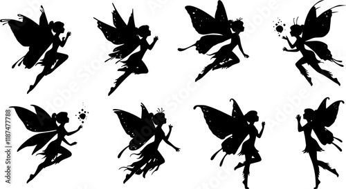 Cute Fairy art. Beautiful Fairies silhouette collection, Little fairies set. Hand drawn vector illustration
