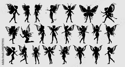 Cute Fairy art. Beautiful Fairies silhouette collection, Little fairies set. Hand drawn vector illustration