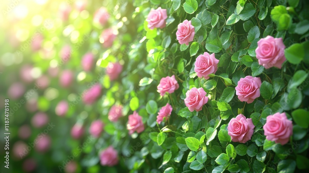 Obraz premium Pink roses blooming on a green hedge in sunlight garden background.