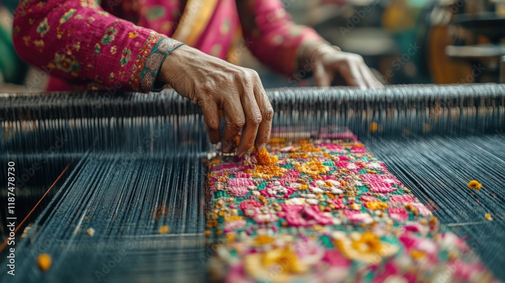Obraz premium Close-up of hands skillfully weaving a vibrant textile on a traditional loom.