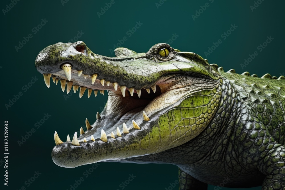 Fearless Predator: Isolated Crocodile Head with Teeth and Skin Texture on White Background Fearless Predator: Isolated Crocodile Head with Teeth and Skin Texture on White Background