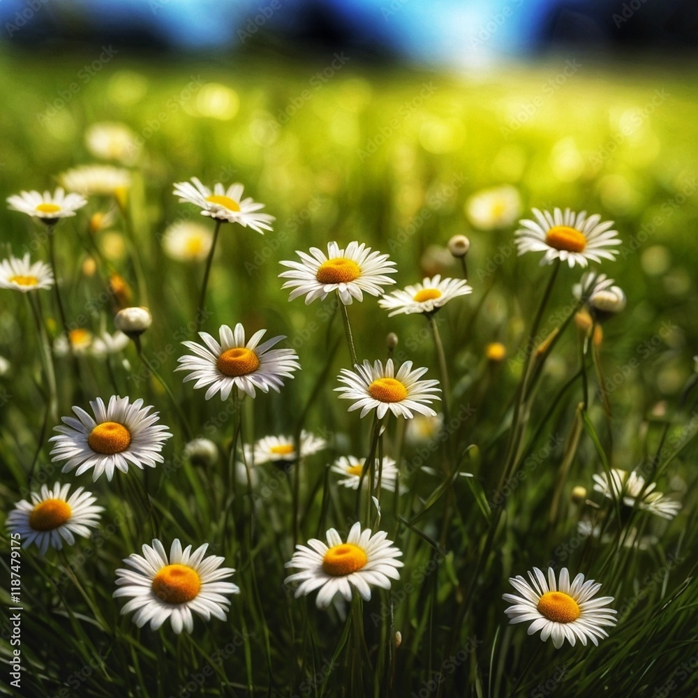 Meadow grass, garden lawn with wild daisy flowers in spring and summer isolated against a transparent background with additional daisies in focus and blurred to add to finished image Meadow grass, garden lawn with wild daisy flowers in spring and summer isolated against a transparent background with additional daisies in focus and blurred to add to finished image