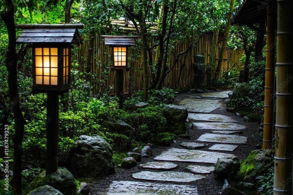 Meditation Garden with Stone Pathways and Lanterns: Peaceful garden with stone paths, Japanese lanterns, and bamboo plants, ideal for meditation Meditation Garden with Stone Pathways and Lanterns: Peaceful garden with stone paths, Japanese lanterns, and bamboo plants, ideal for meditation
