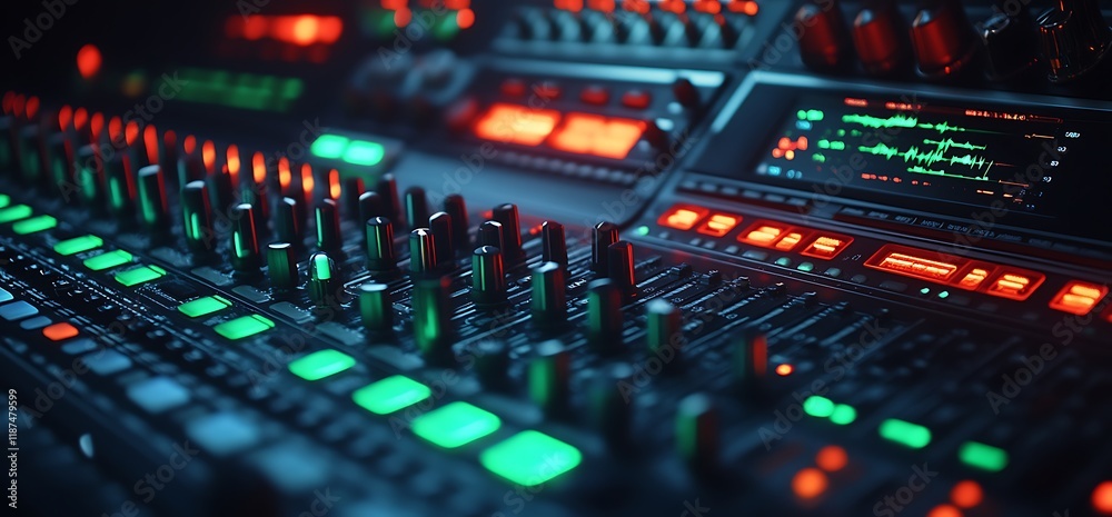 Close-up of illuminated audio mixing console with knobs and buttons. Close-up of illuminated audio mixing console with knobs and buttons.