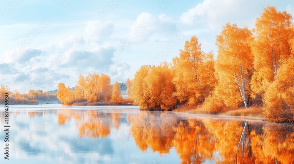 Vibrant orange trees create stunning reflections on calm water during autumn Vibrant orange trees create stunning reflections on calm water during autumn