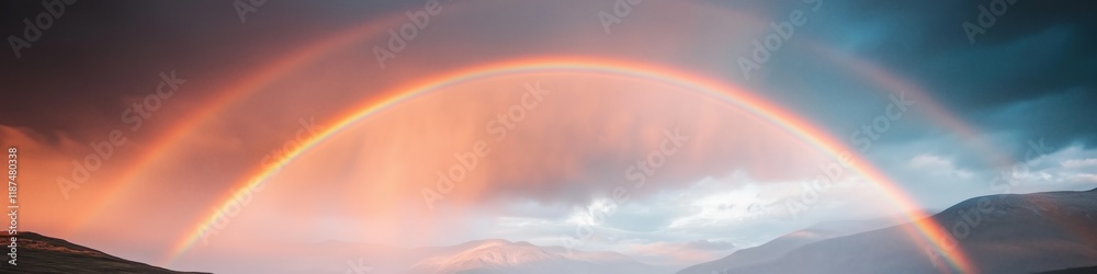 Fototapeta premium A vivid rainbow arcs over the mountains at sunset after the rain