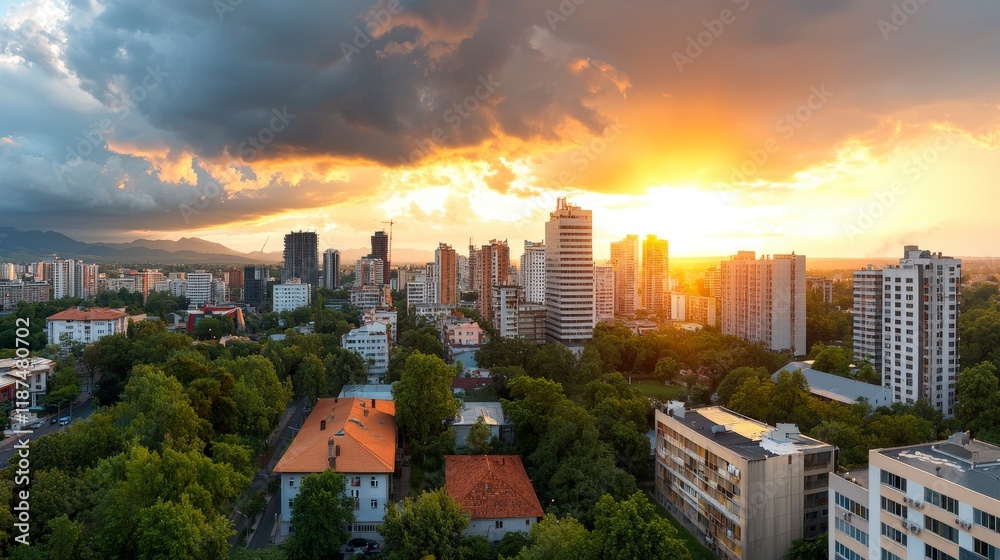 Obraz premium Stunning Cityscape at Sunset Over Urban Skyline with Beautiful Cloudy Sky and Lush Green Trees
