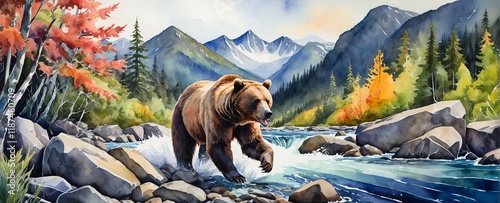Watercolor illustration of a bear catching salmon in an Alaskan river during daytime surrounded by autumn foliage and mountains