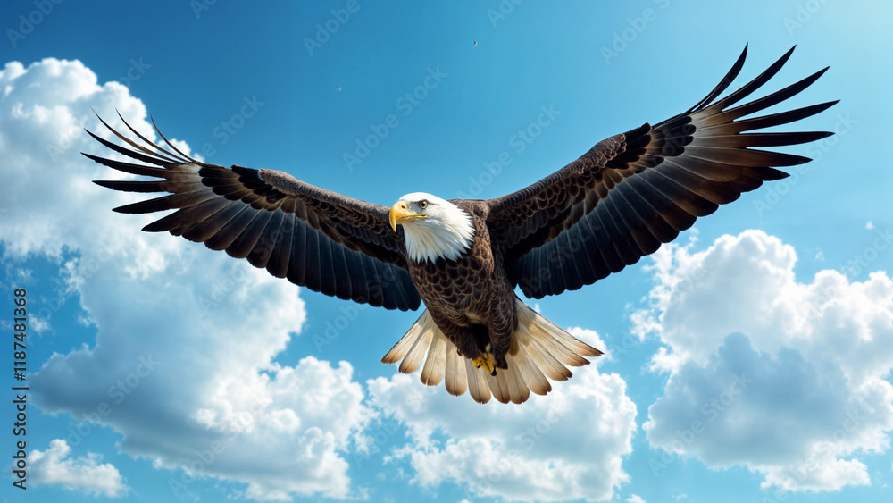 Majestic eagle soaring through a clear blue sky with fluffy clouds Majestic eagle soaring through a clear blue sky with fluffy clouds