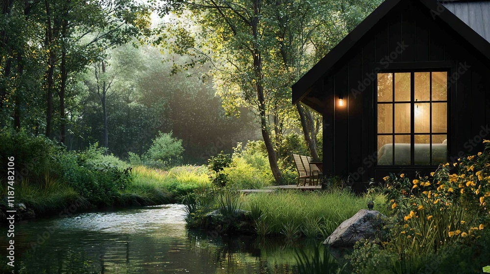 Fototapeta premium A cozy cabin nestled beside a babbling river, complete with a comfortable bed inside