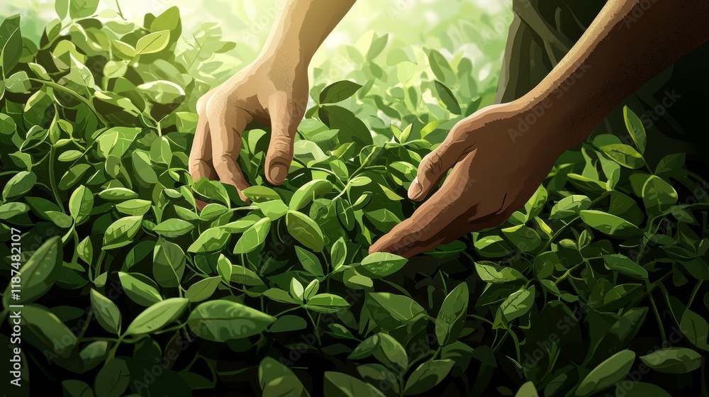 A close-up of green bean pickers' hands, capturing the earthy textures of soil and the smooth sheen of the beans, vintage illustration style, muted earthy colors, rustic appeal A close-up of green bean pickers' hands, capturing the earthy textures of soil and the smooth sheen of the beans, vintage illustration style, muted earthy colors, rustic appeal