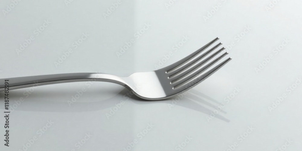 A sleek, modern dinner fork rests elegantly on a pristine white surface A sleek, modern dinner fork rests elegantly on a pristine white surface
