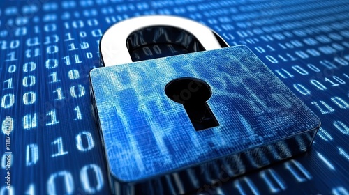 Digital padlock securing data on a blue binary code background, illustrating cybersecurity and information protection measures photo