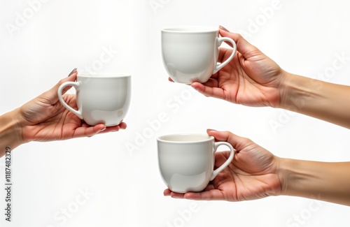 Female hands hold white cups against white background. Woman offers drinks. Possible morning breakfast scene. Simple setup for product display food template. Blank cups ready for branding design. photo