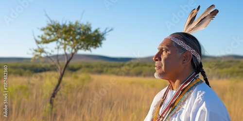 An indigenous man stands gracefully in a vast natural landscape, exuding wisdom and strength, while connecting deeply with his heritage and the essence of the surroundings. photo