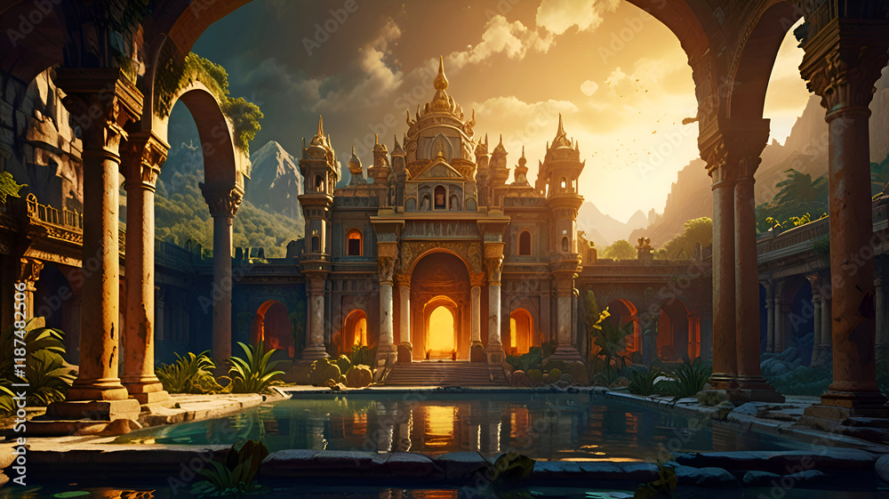 Opulent ancient Temple of lost Lemuria civilization bathed in golden sun light. culture concept. Ai generated