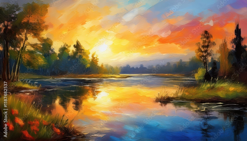 Enchanting Sunset on a Lake Reflections of Fading Daylight on Calm Waters, Capturing the Peaceful Mood and Beautiful Landscape in a Peaceful Evening Enchanting Sunset on a Lake Reflections of Fading Daylight on Calm Waters, Capturing the Peaceful Mood and Beautiful Landscape in a Peaceful Evening